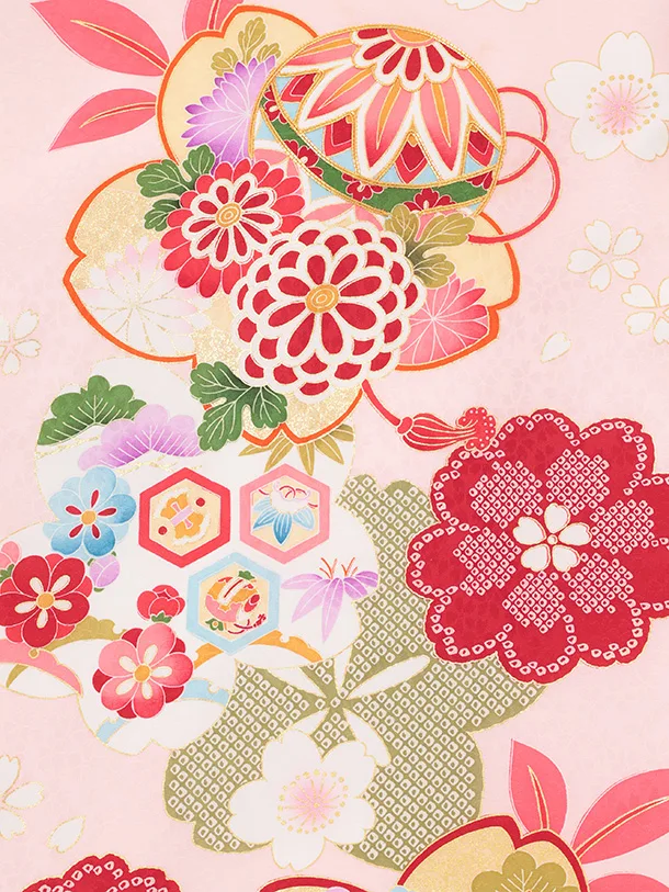 女児産着 お宮参りレンタルR053 【正絹】ピンク地 桜にまり