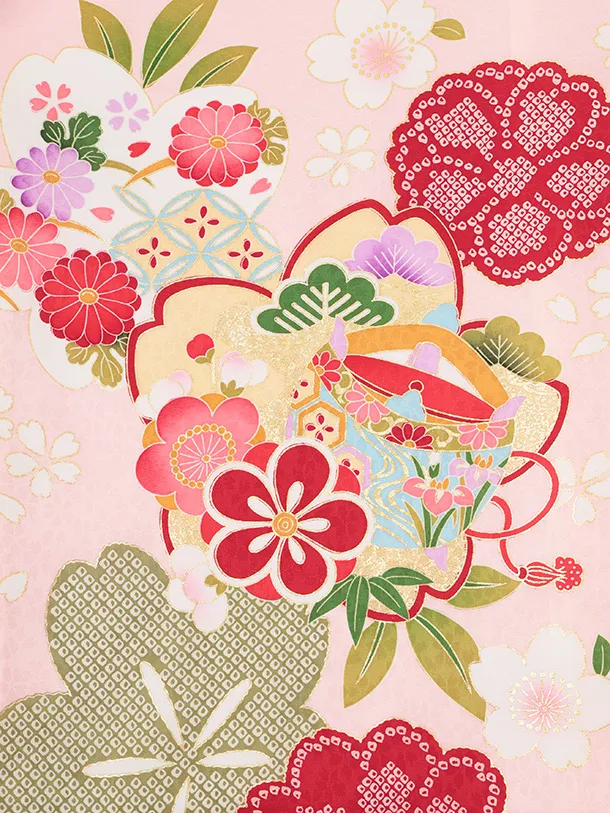 女児産着 お宮参りレンタルR053 【正絹】ピンク地 桜にまり