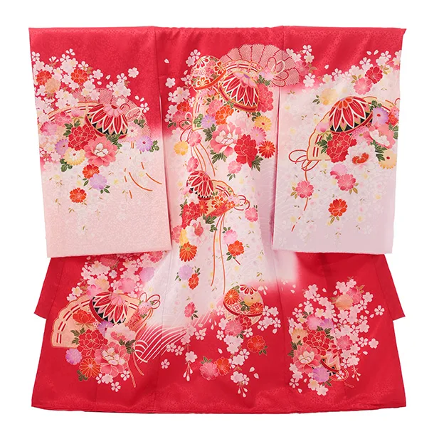 女児産着 お宮参りレンタルR054 【正絹】赤地 扇 鞠と花