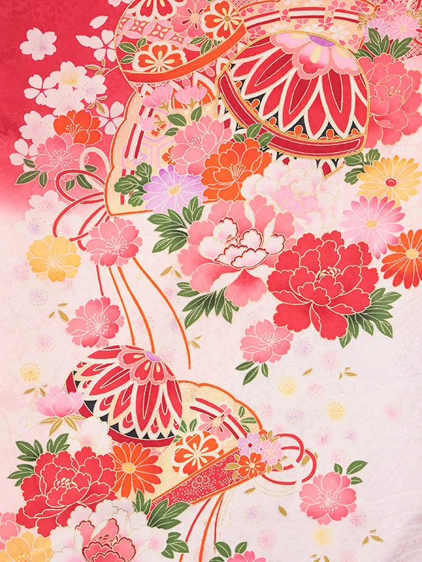 女児産着 お宮参りレンタルR054 【正絹】赤地 扇 鞠と花