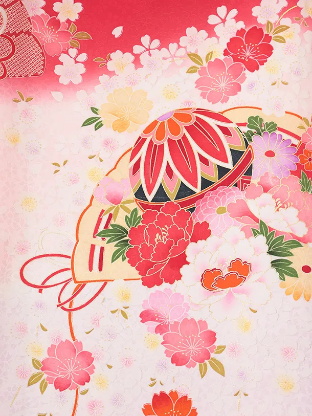 女児産着 お宮参りレンタルR054 【正絹】赤地 扇 鞠と花