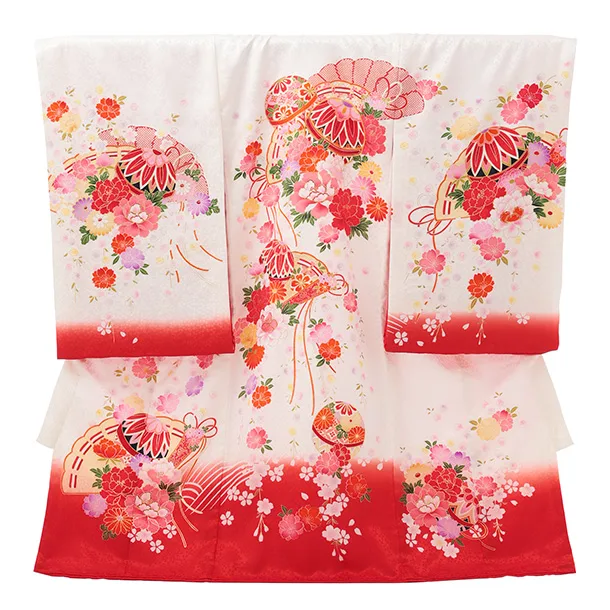 女児産着 お宮参りレンタルR055 【正絹】白地 裾赤 扇 鞠と花