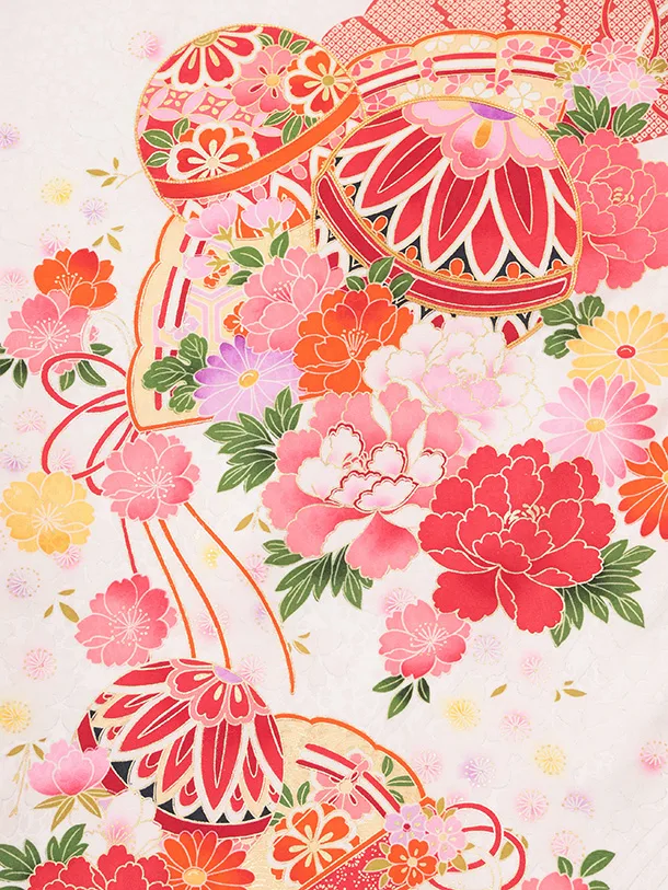 女児産着 お宮参りレンタルR055 【正絹】白地 裾赤 扇 鞠と花