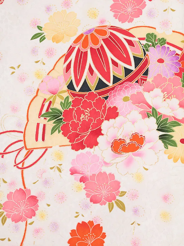 女児産着 お宮参りレンタルR055 【正絹】白地 裾赤 扇 鞠と花