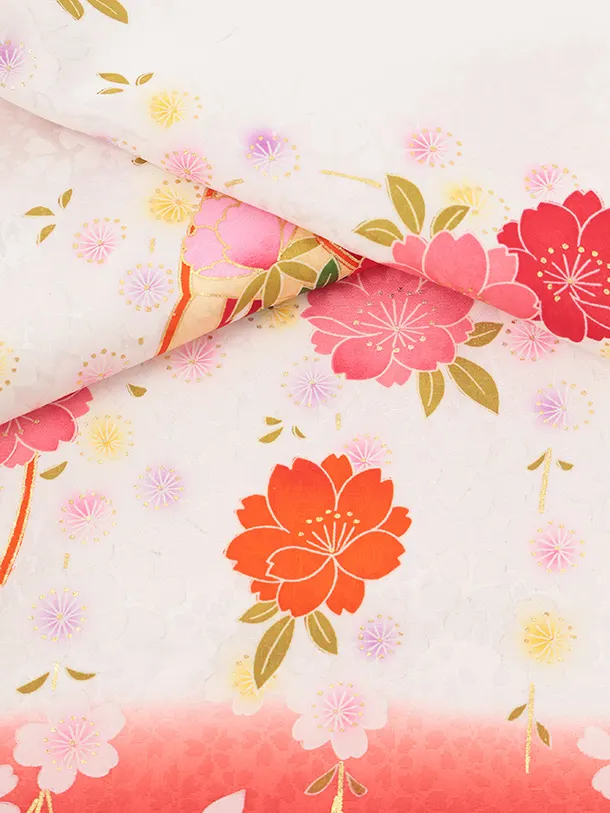 女児産着 お宮参りレンタルR055 【正絹】白地 裾赤 扇 鞠と花