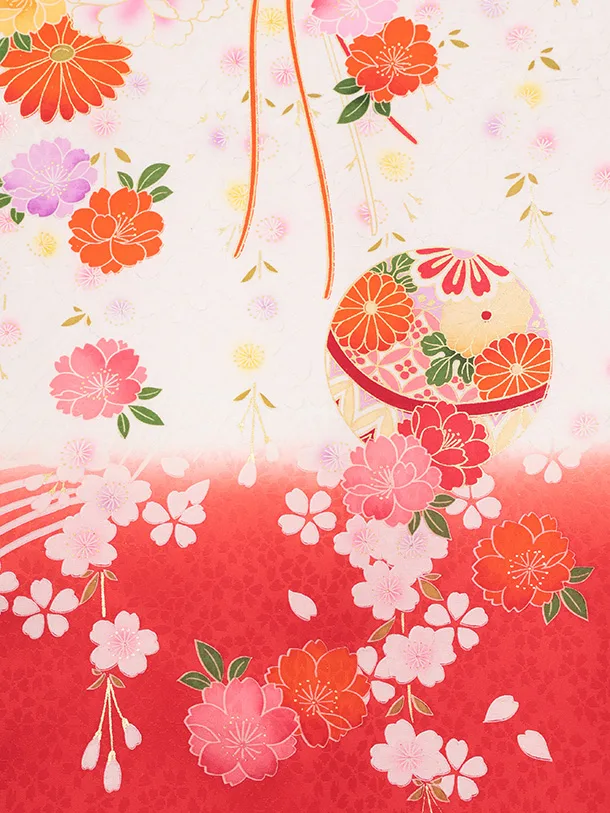 女児産着 お宮参りレンタルR055 【正絹】白地 裾赤 扇 鞠と花