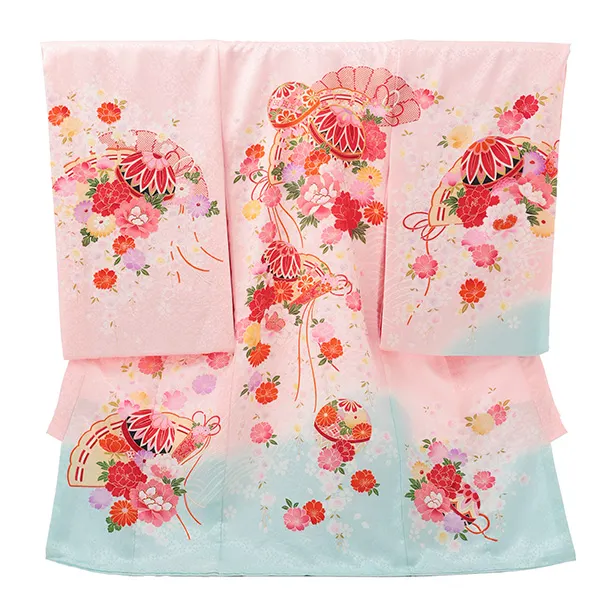 女児産着 お宮参りレンタルR056 【正絹】ピンク地 裾水色 扇 鞠と花