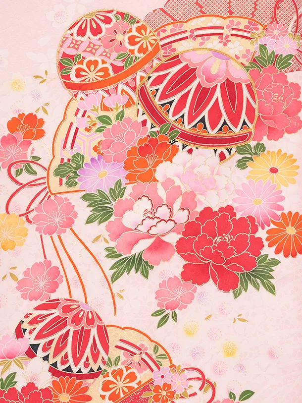 女児産着 お宮参りレンタルR056 【正絹】ピンク地 裾水色 扇 鞠と花