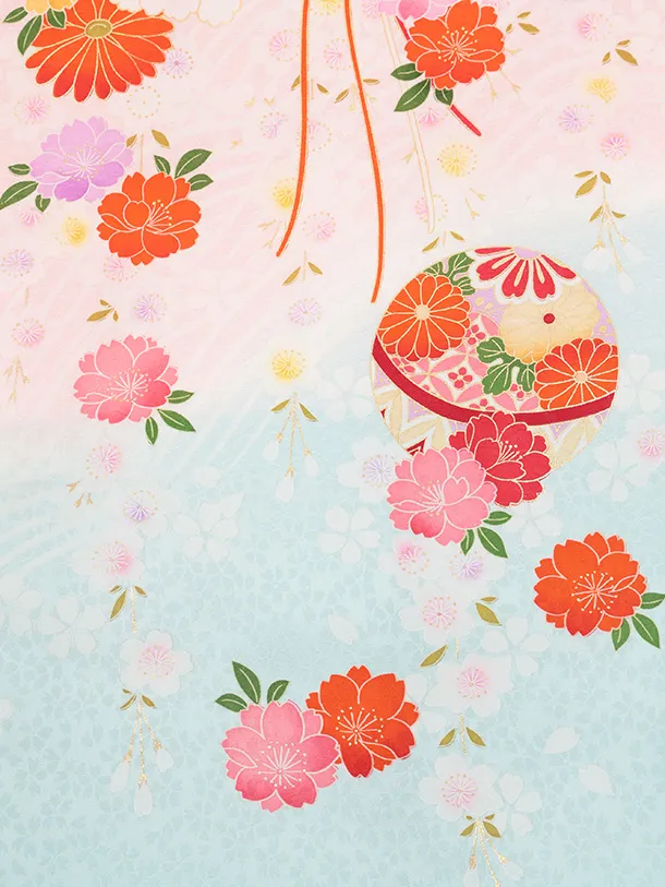 女児産着 お宮参りレンタルR056 【正絹】ピンク地 裾水色 扇 鞠と花