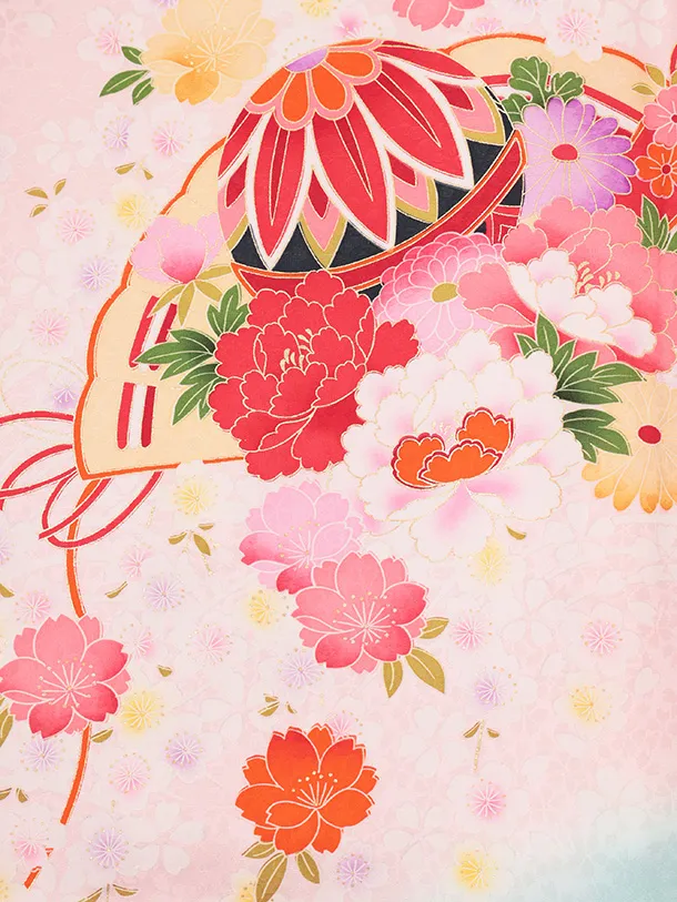 女児産着 お宮参りレンタルR056 【正絹】ピンク地 裾水色 扇 鞠と花