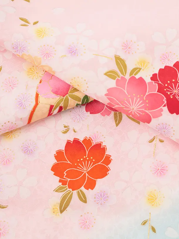 女児産着 お宮参りレンタルR056 【正絹】ピンク地 裾水色 扇 鞠と花