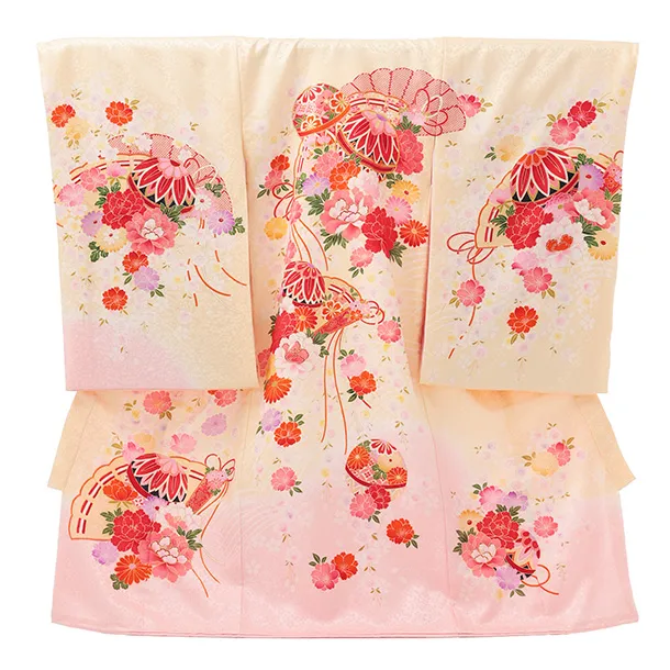 女児産着 お宮参りレンタルR057 【正絹】薄黄 裾ピンク 扇 鞠と花