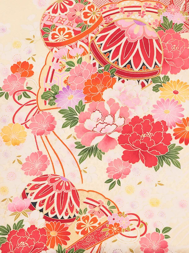 女児産着 お宮参りレンタルR057 【正絹】薄黄 裾ピンク 扇 鞠と花