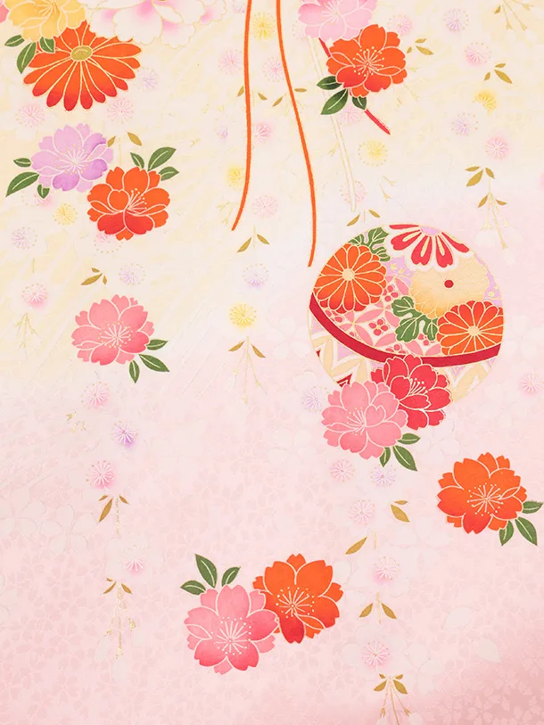 女児産着 お宮参りレンタルR057 【正絹】薄黄 裾ピンク 扇 鞠と花