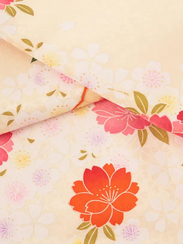 女児産着 お宮参りレンタルR057 【正絹】薄黄 裾ピンク 扇 鞠と花