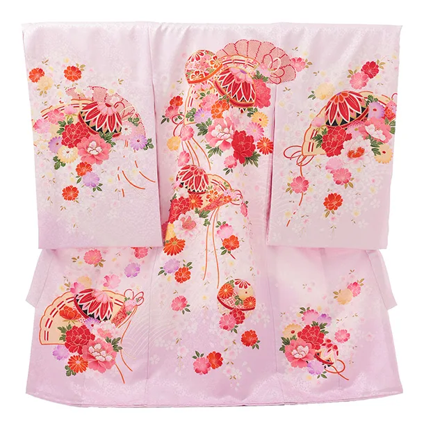 女児産着 お宮参りレンタルR058 【正絹】紫地 扇 鞠と花