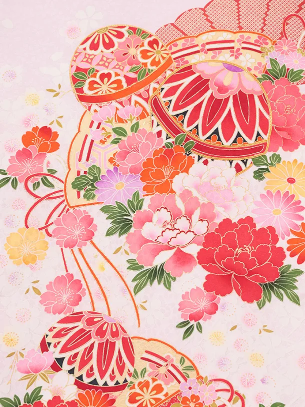 女児産着 お宮参りレンタルR058 【正絹】紫地 扇 鞠と花