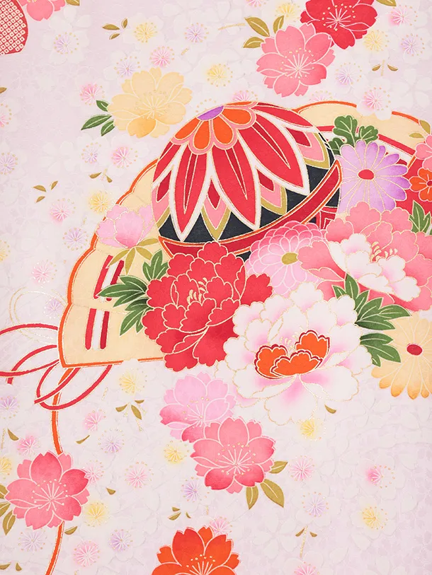 女児産着 お宮参りレンタルR058 【正絹】紫地 扇 鞠と花