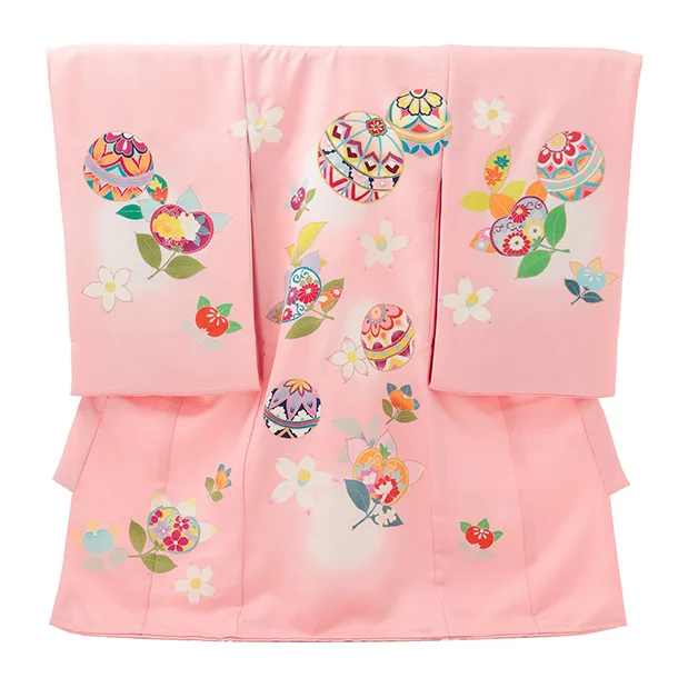 女児産着 お宮参りレンタルR059 【高級正絹】ピンク地 まりに橘