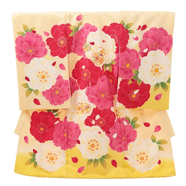 女児産着 お宮参りレンタルR060 【正絹】クリーム地 裾黄 刺繍鞠 大花