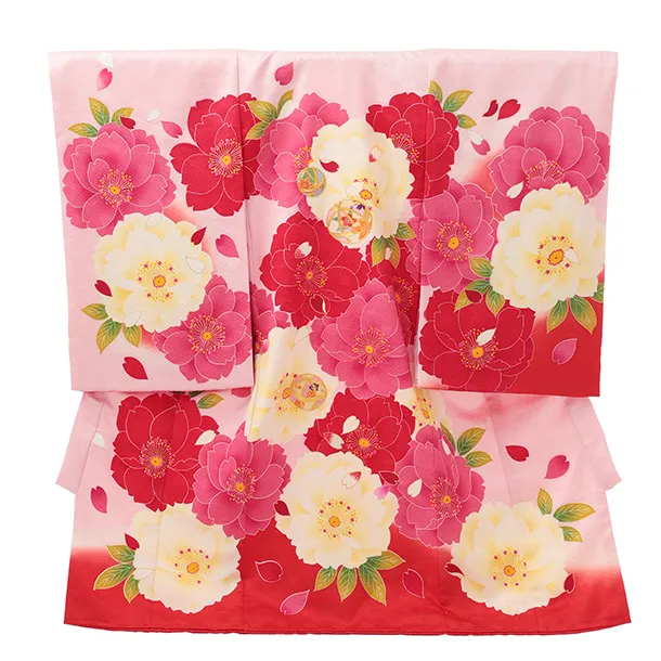 女児産着 お宮参りレンタルR061 【正絹】ピンク地 裾赤 刺繍鞠 大花