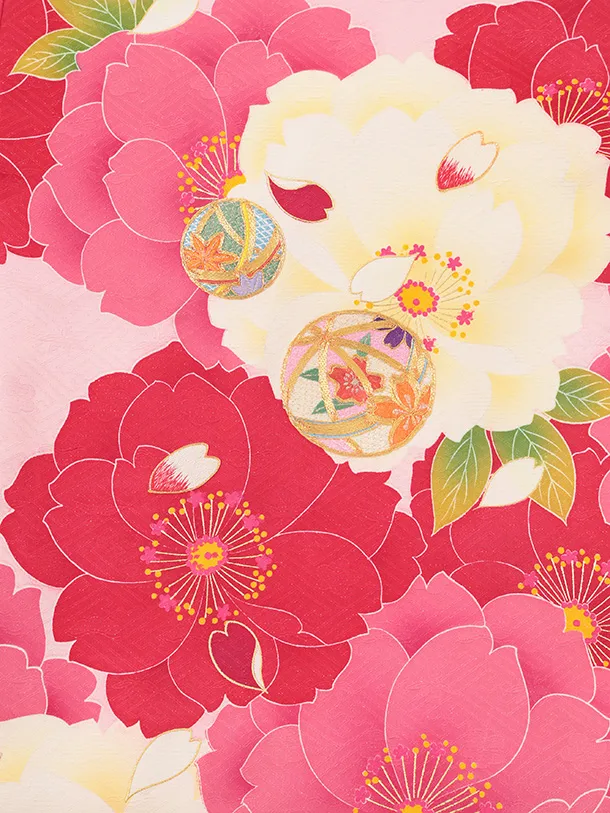 女児産着 お宮参りレンタルR061 【正絹】ピンク地 裾赤 刺繍鞠 大花