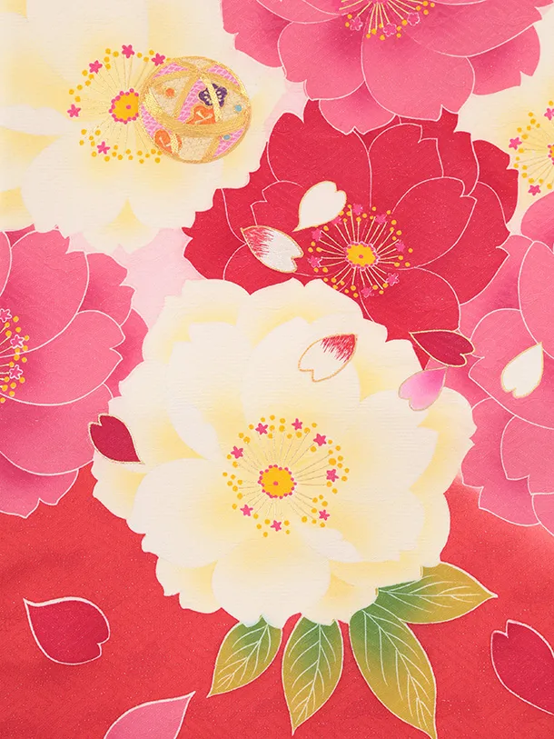 女児産着 お宮参りレンタルR061 【正絹】ピンク地 裾赤 刺繍鞠 大花