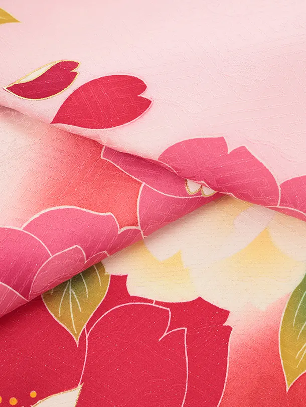 女児産着 お宮参りレンタルR061 【正絹】ピンク地 裾赤 刺繍鞠 大花