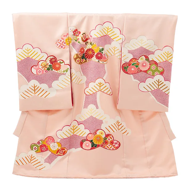 女児産着 お宮参りR062 【高級正絹】サーモンピンク地 松に摺り疋田