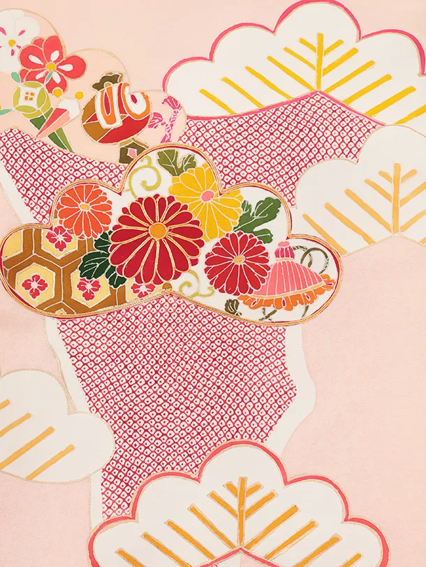 女児産着 お宮参りR062 【高級正絹】サーモンピンク地 松に摺り疋田