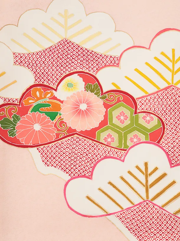 女児産着 お宮参りR062 【高級正絹】サーモンピンク地 松に摺り疋田