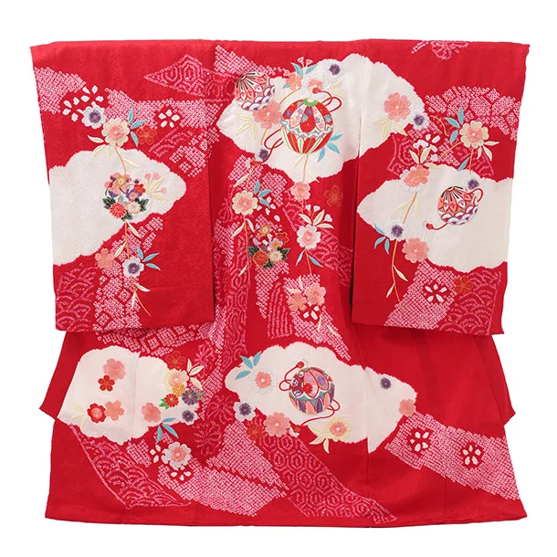 女児産着 お宮参りレンタルR063 【正絹】赤地 雲取り 刺繍鞠と熨斗