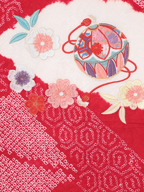 女児産着 お宮参りレンタルR063 【正絹】赤地 雲取り 刺繍鞠と熨斗