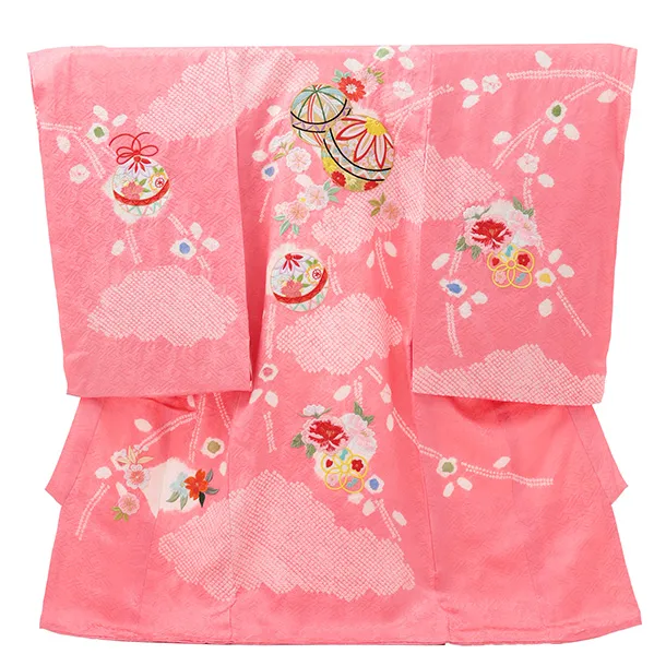女児産着 お宮参りレンタルR064 【正絹】ピンク地 刺繍 まりと花