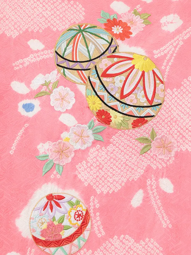 女児産着 お宮参りレンタルR064 【正絹】ピンク地 刺繍 まりと花