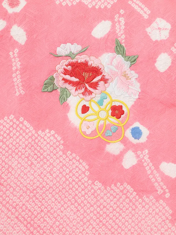 女児産着 お宮参りレンタルR064 【正絹】ピンク地 刺繍 まりと花