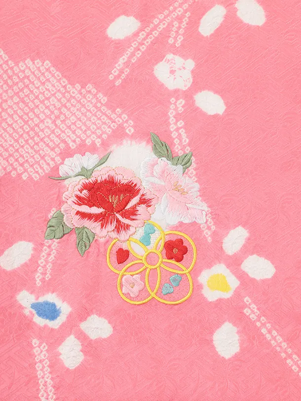 女児産着 お宮参りレンタルR064 【正絹】ピンク地 刺繍 まりと花