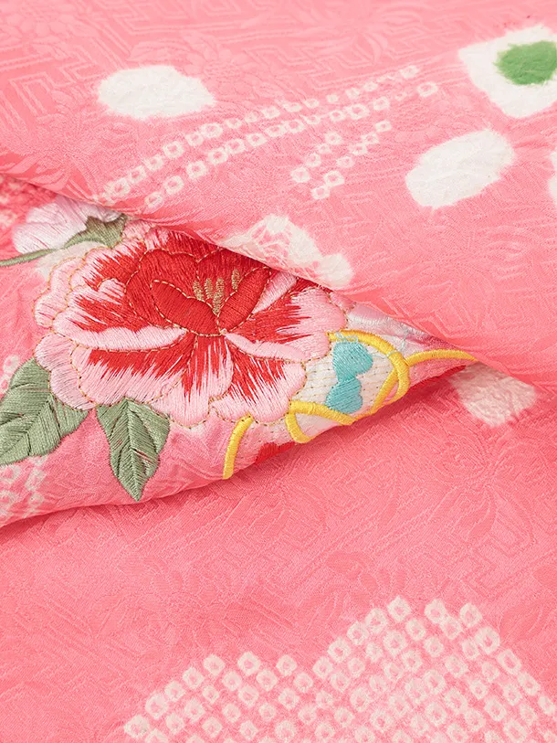 女児産着 お宮参りレンタルR064 【正絹】ピンク地 刺繍 まりと花