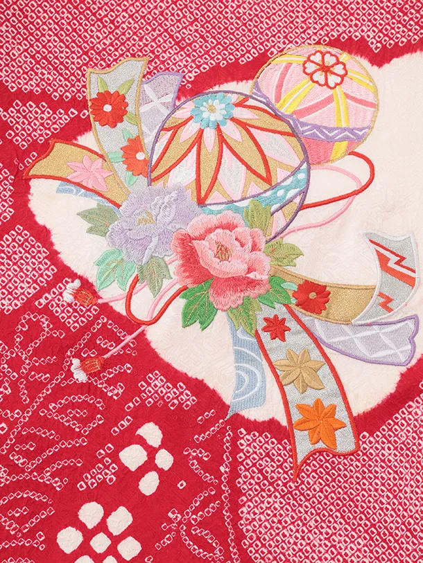 女児産着 お宮参りレンタルR065 【正絹】赤絞り 刺繍 まりに熨斗