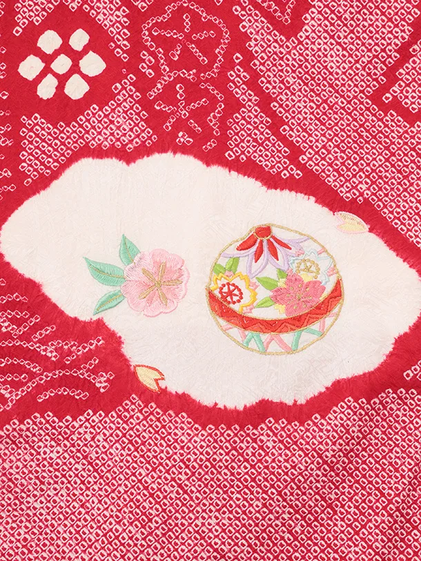 女児産着 お宮参りレンタルR065 【正絹】赤絞り 刺繍 まりに熨斗