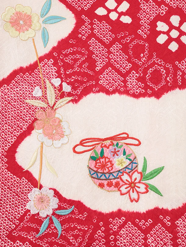 女児産着 お宮参りレンタルR065 【正絹】赤絞り 刺繍 まりに熨斗