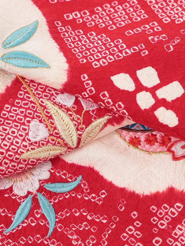 女児産着 お宮参りレンタルR065 【正絹】赤絞り 刺繍 まりに熨斗