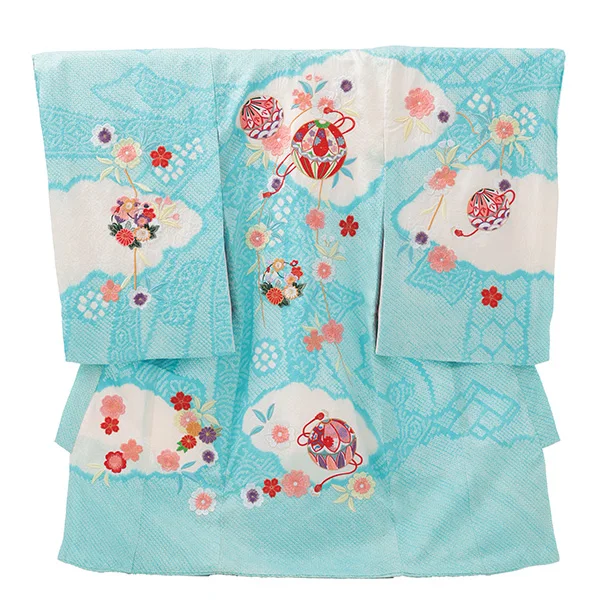 女児産着 お宮参りレンタルR066 【正絹】水色絞り 刺繍 まりと花