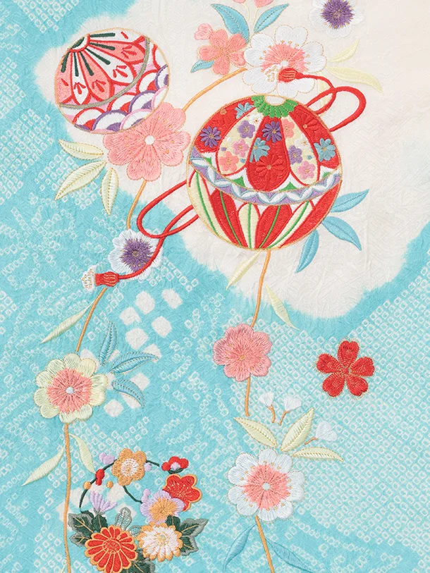 女児産着 お宮参りレンタルR066 【正絹】水色絞り 刺繍 まりと花