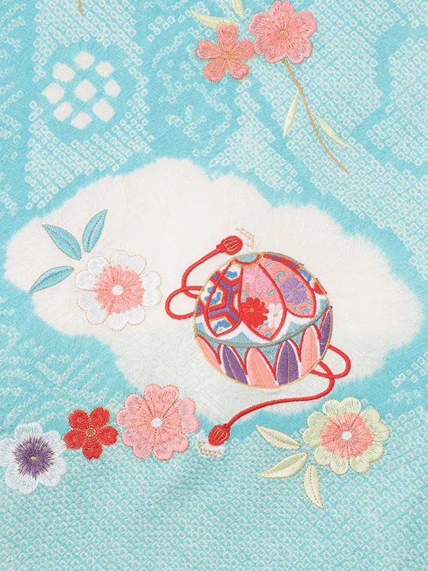 女児産着 お宮参りレンタルR066 【正絹】水色絞り 刺繍 まりと花