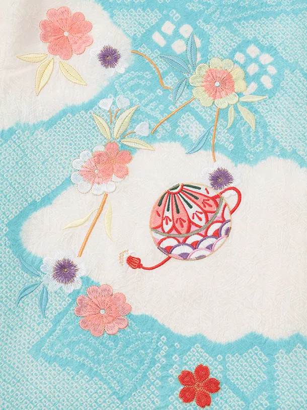 女児産着 お宮参りレンタルR066 【正絹】水色絞り 刺繍 まりと花