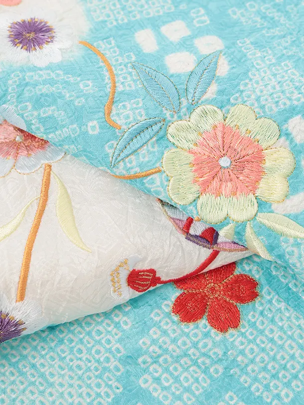 女児産着 お宮参りレンタルR066 【正絹】水色絞り 刺繍 まりと花