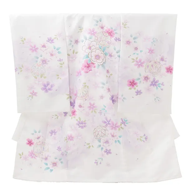 女児産着 お宮参りレンタルR068 白地 まりに花