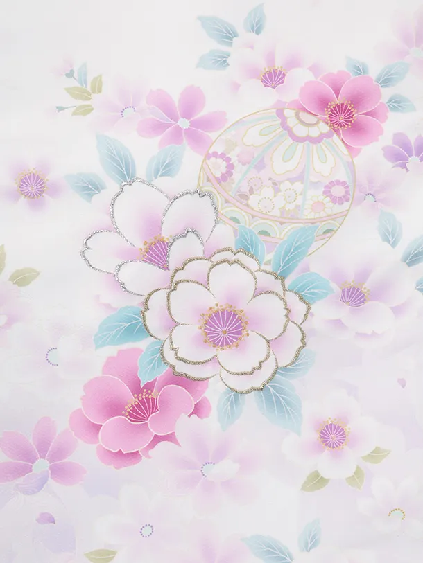 女児産着 お宮参りレンタルR068 白地 まりに花