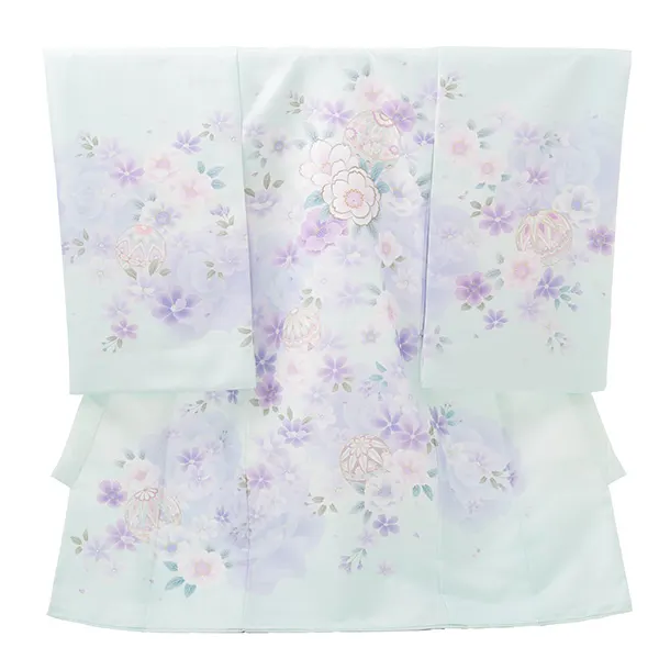 女児産着 お宮参りレンタルR069 薄ミント まりに花